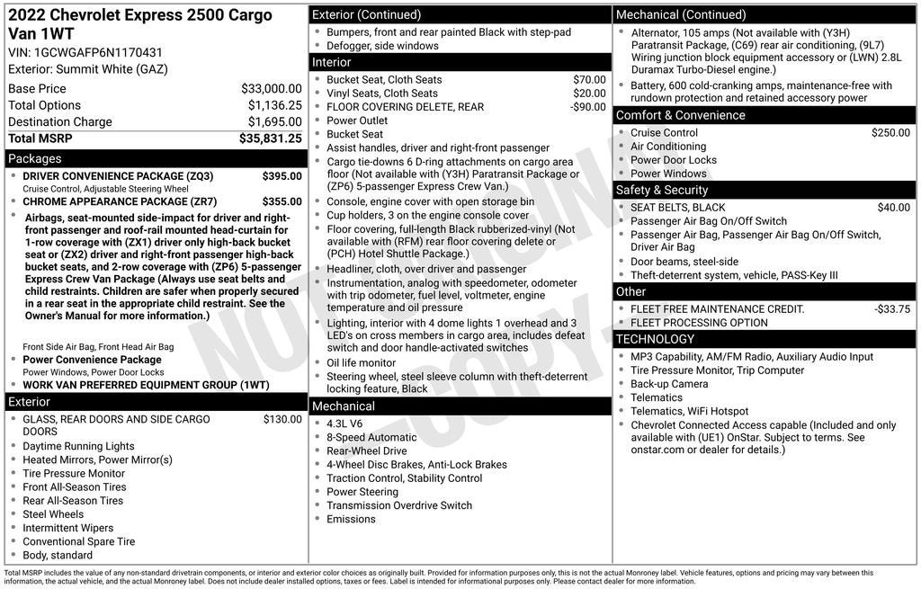 2022 Chevrolet Express Cargo 2500 RWD 2500 Regular Wheelbase WT