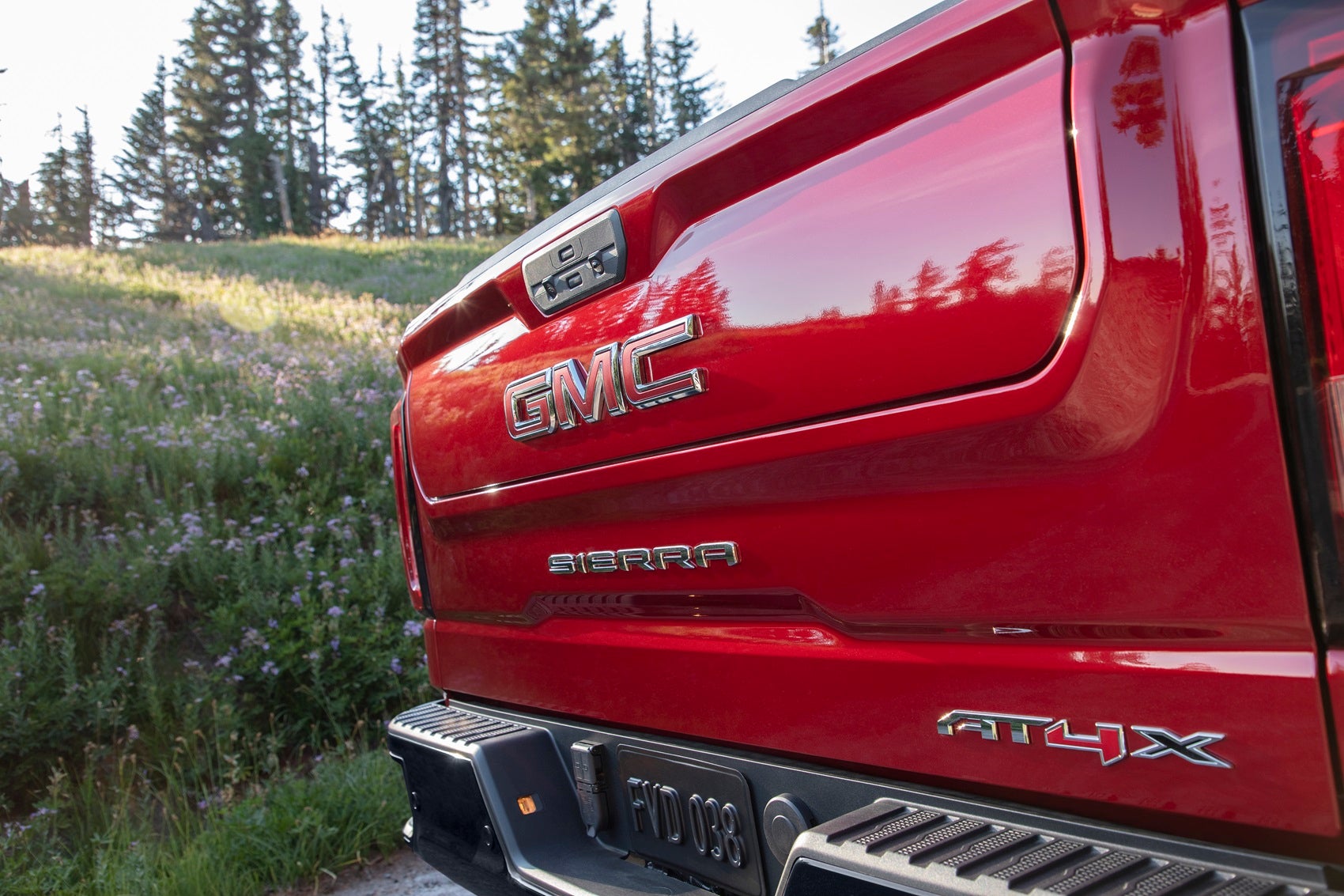 Exterior view of a red GMC Sierra 1500 tailgate with forestry in the background